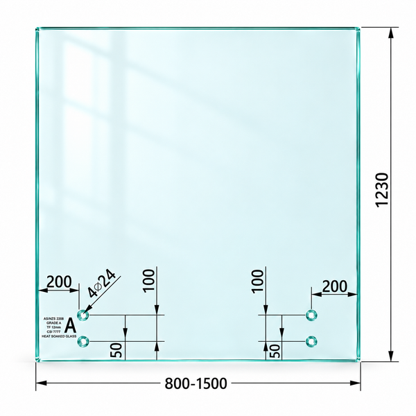 Clear Toughened & Heat Soaked Standoff Glass Panel C/W 4 Holes 12mm (T) x 1230 (H)