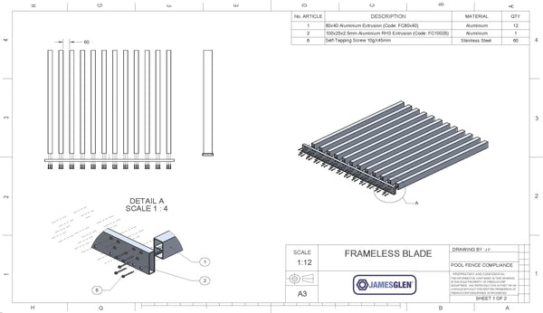 Frameless Blade Pool Fencing 1.8 meter (W) x 1.2-1.3 meter (H) KIT (SAVE 10%)