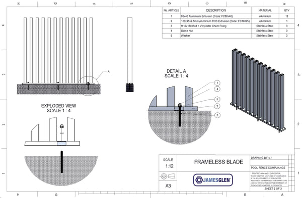 Frameless Blade Pool Fencing 1.8 meter (W) x 1.2-1.3 meter (H) KIT (SAVE 10%)