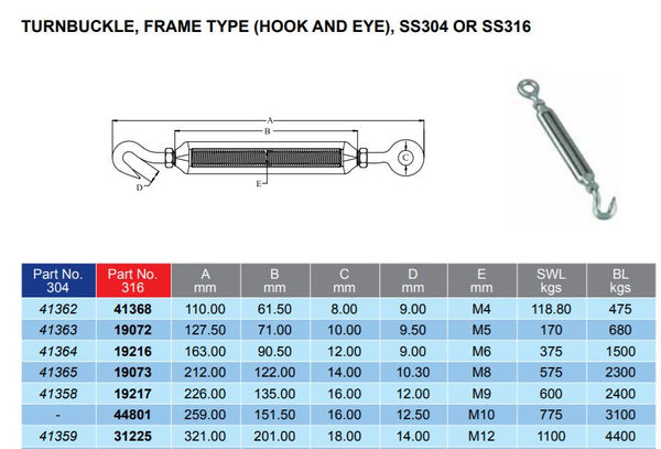 Turnbuckle Hook & Eye G316 Stainless Steel